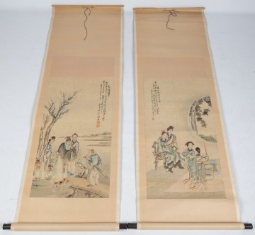 Pair of Asian Hanging Scroll Paintings